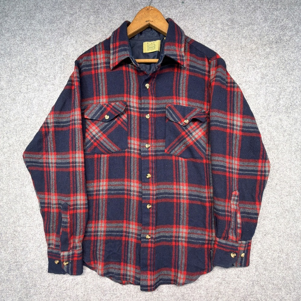 Vintage Sears Acrylic Flannel Shirt Multicolor Blue Plaid Button Up Size Small